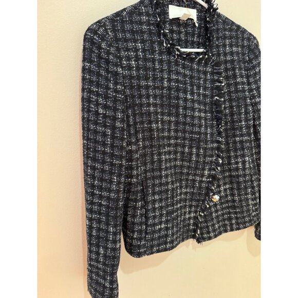 Hugo Boss Womens Tweed Blazer Jacket Black & White Fringe Trim Button Closure - Picture 6 of 9